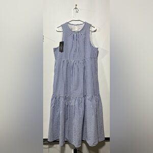 SARA CAMPBELL Blue and White Gingham Seersucker Tiered Midi Dress Size Large NWT